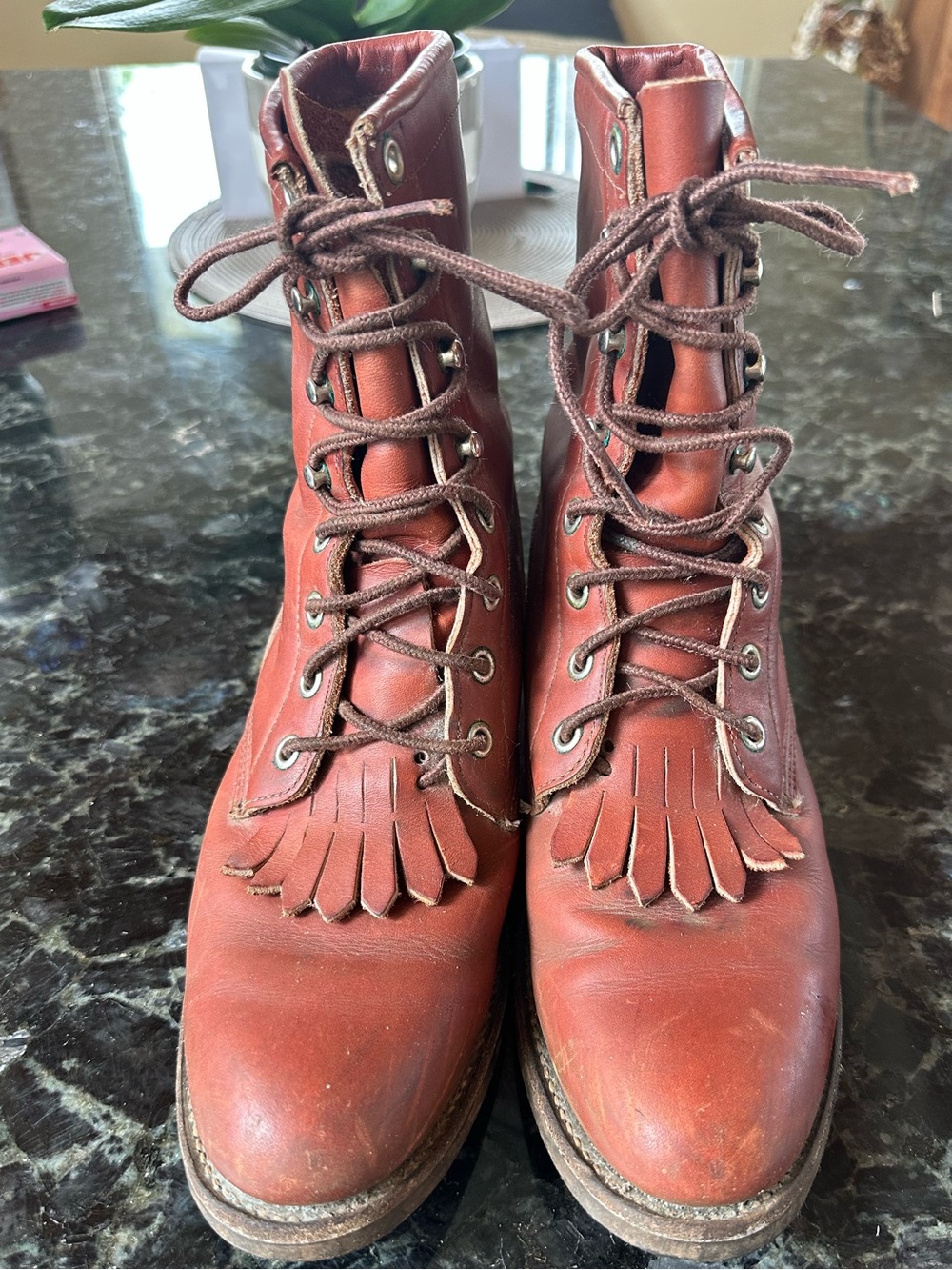 Justin Boots Red-Brown Leather Lace-Up Fringe Ankle Boots